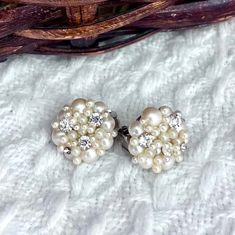 Vintage Faux Pearl Rhinestone Cluster Clip On Earrings Bridal Statement